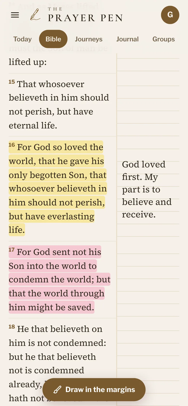 John 3 in journaling mode, with highlights and a note in the margin