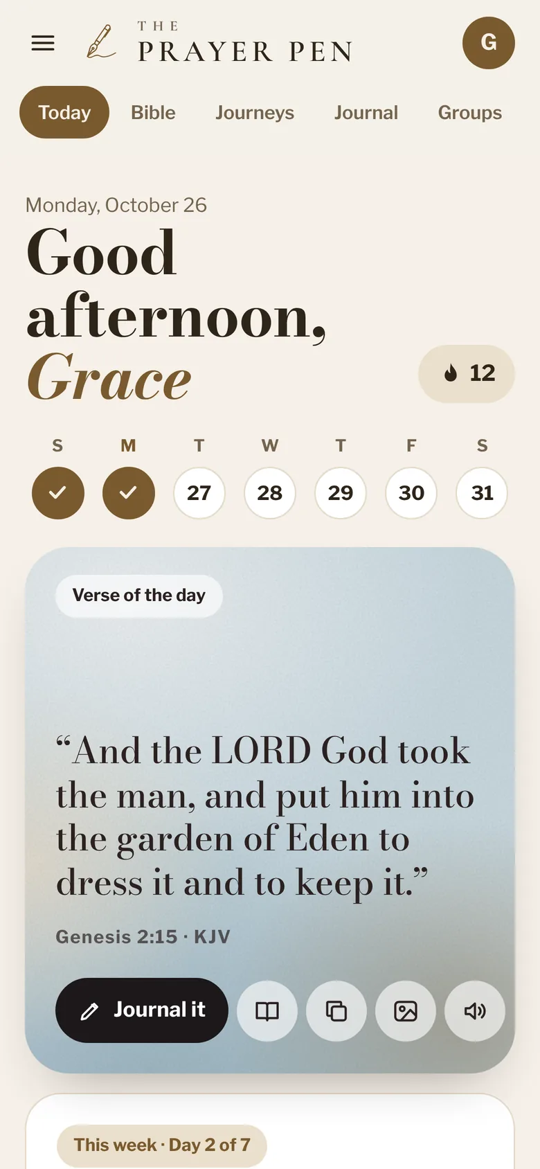 The Today screen, with the verse of the day and a weekly streak